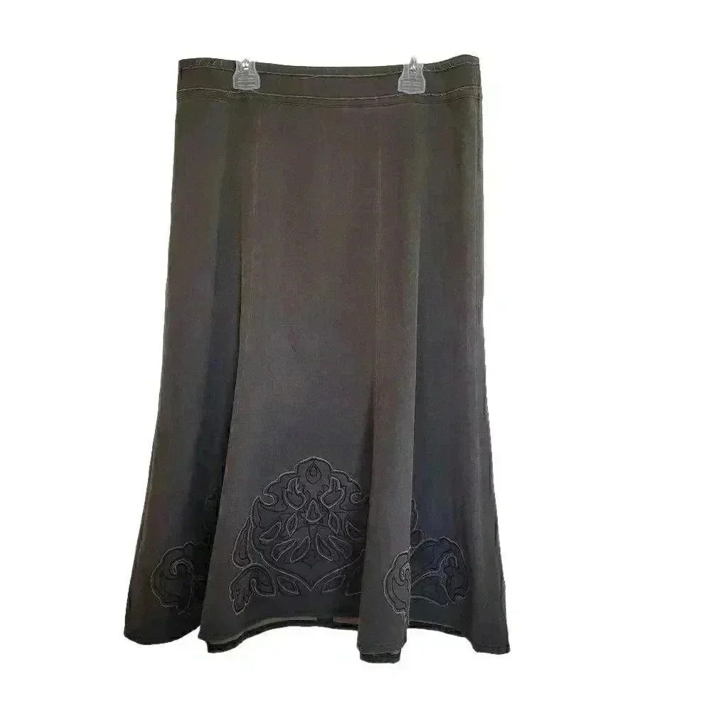 Cabi Women's Stretched Mid-Calf Brown Poly/Rayon/Spandex Embroidered Hem Flared